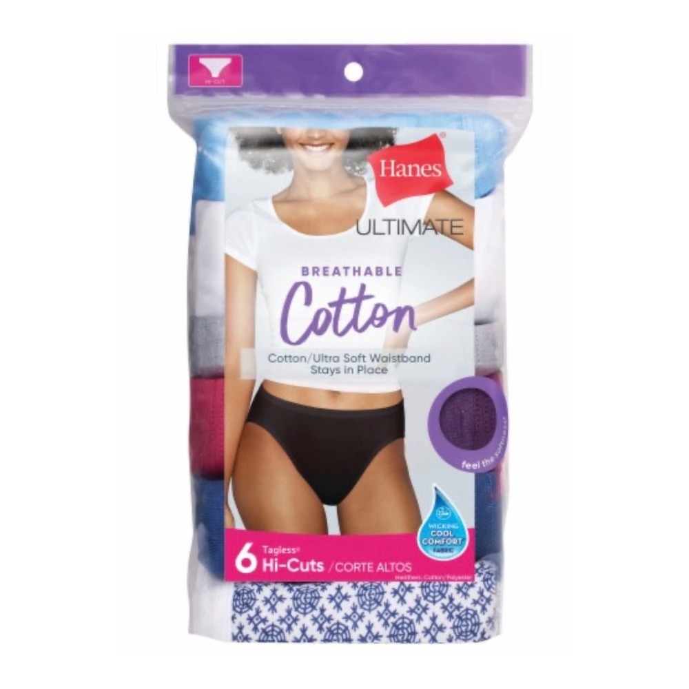 Hanes Ultimate Breathable Cotton Hi-Cut Panties 6 Pack Multi Color  Size S‎